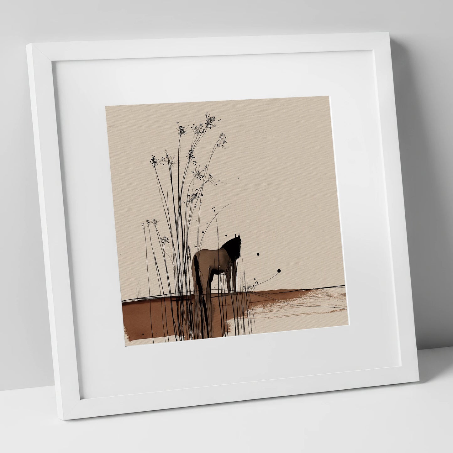Whispers in the Reeds horse landscape art print in white frame