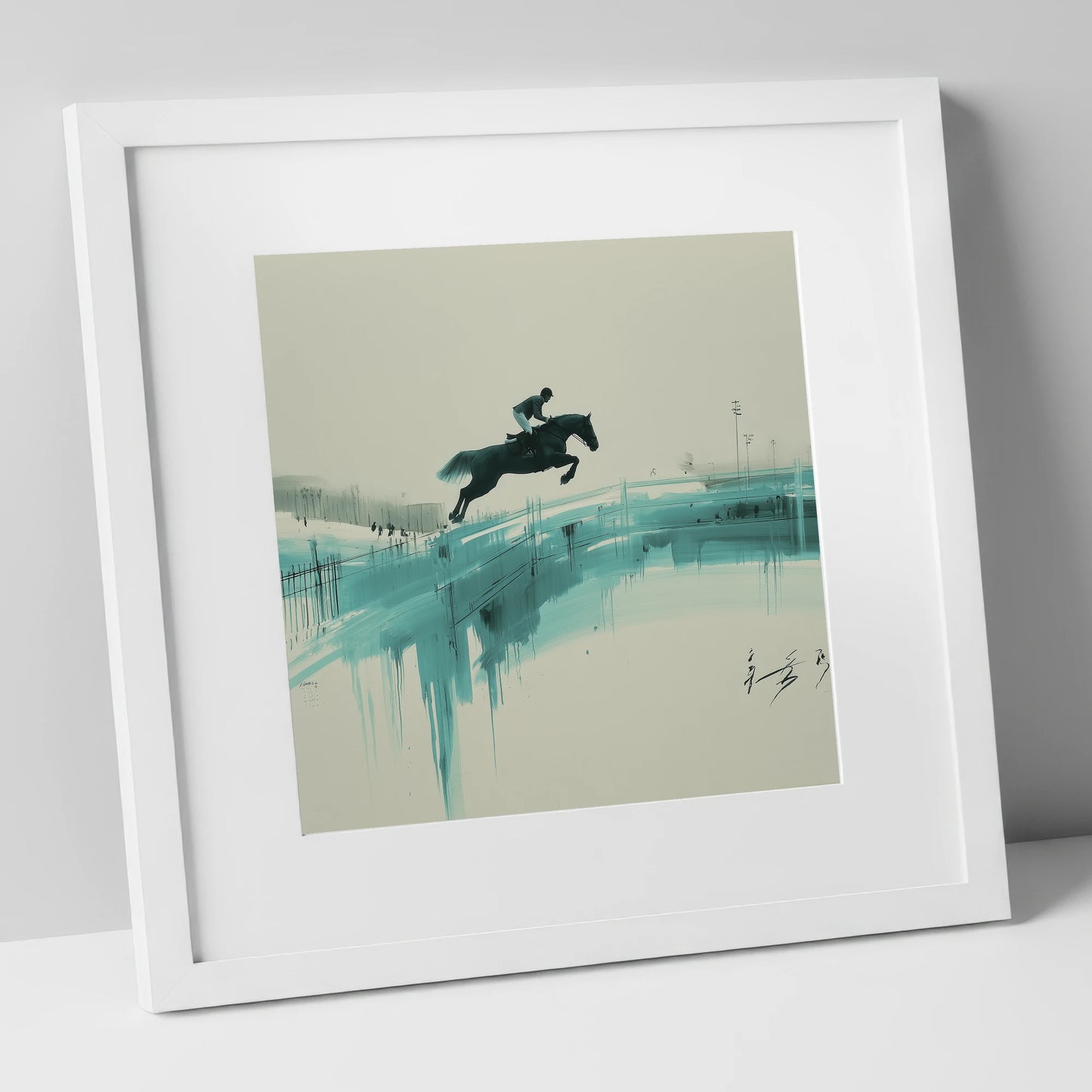 Airborne in Teal show jumping horse art print in white frame