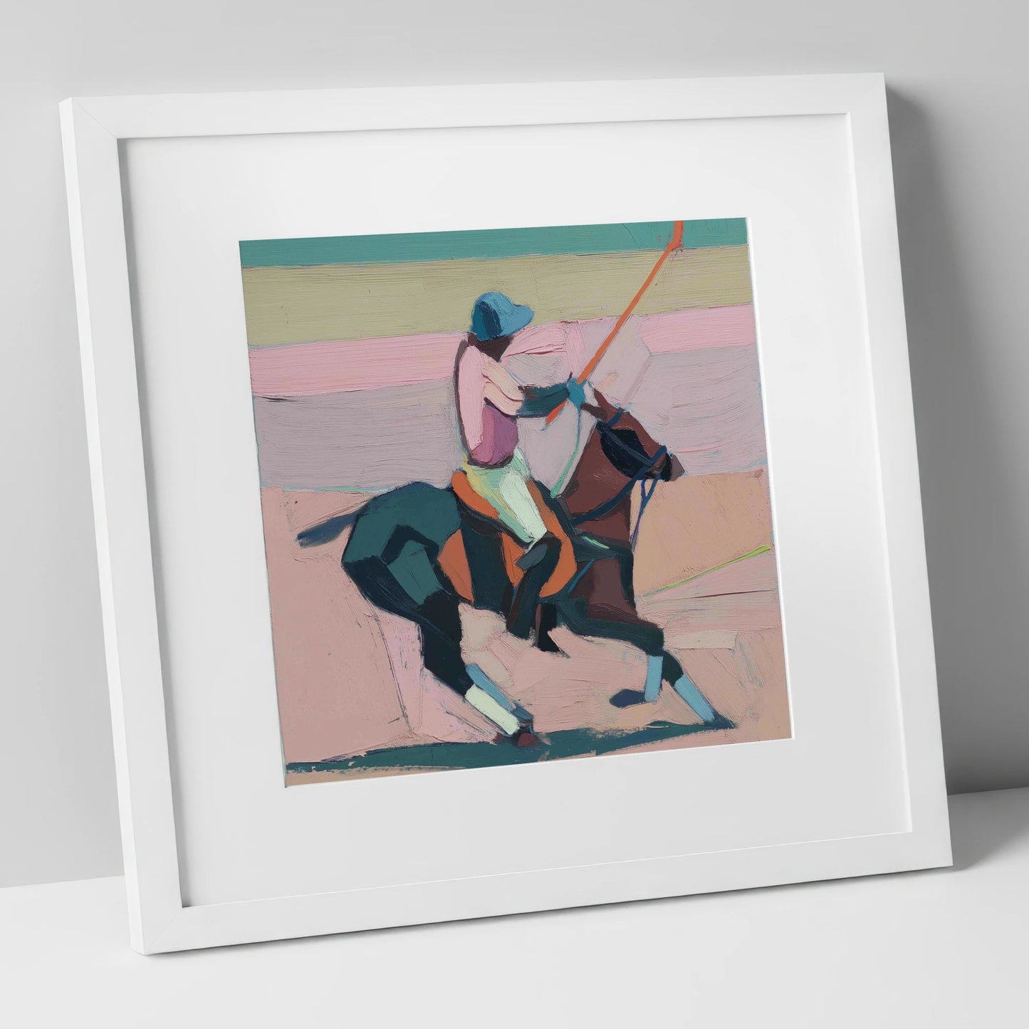 Dusty Rose Chukka polo horse art print in white frame