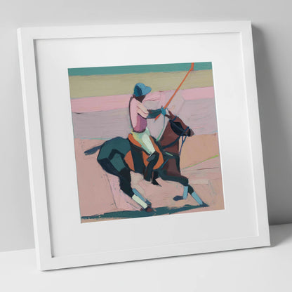 Dusty Rose Chukka polo horse art print in white frame
