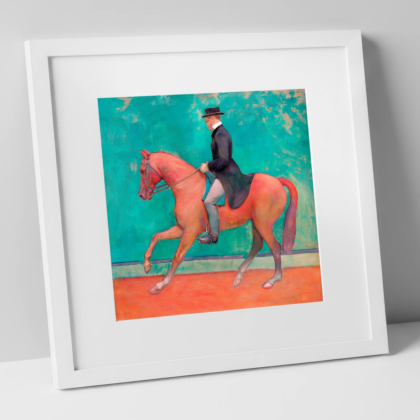 The Emerald Passage dressage horse art print in white frame