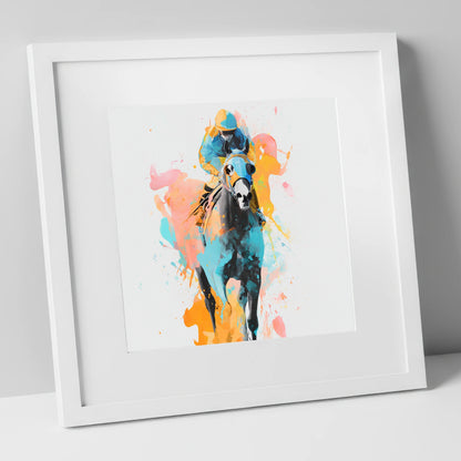 Vibrant Front Runner racing horse art print in white frame