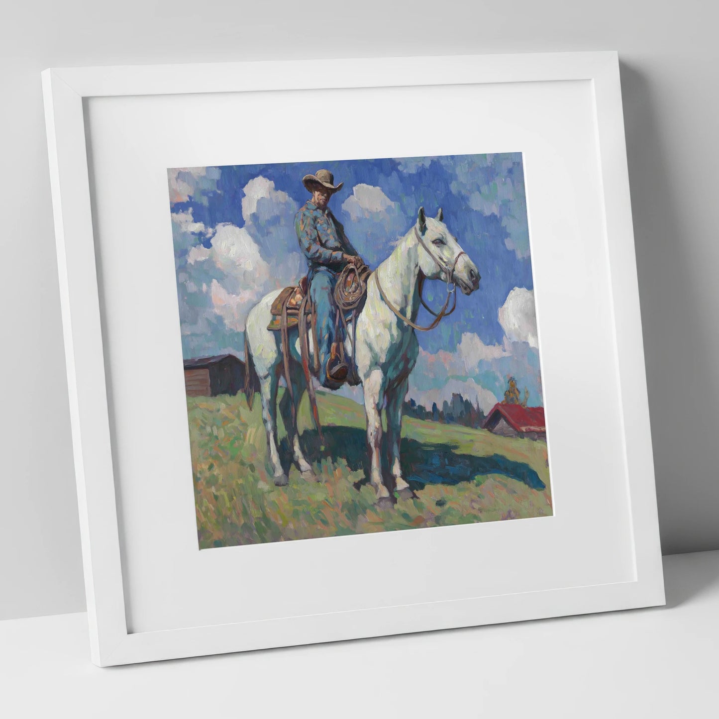 Under A Western Sky western horse art print in white frame