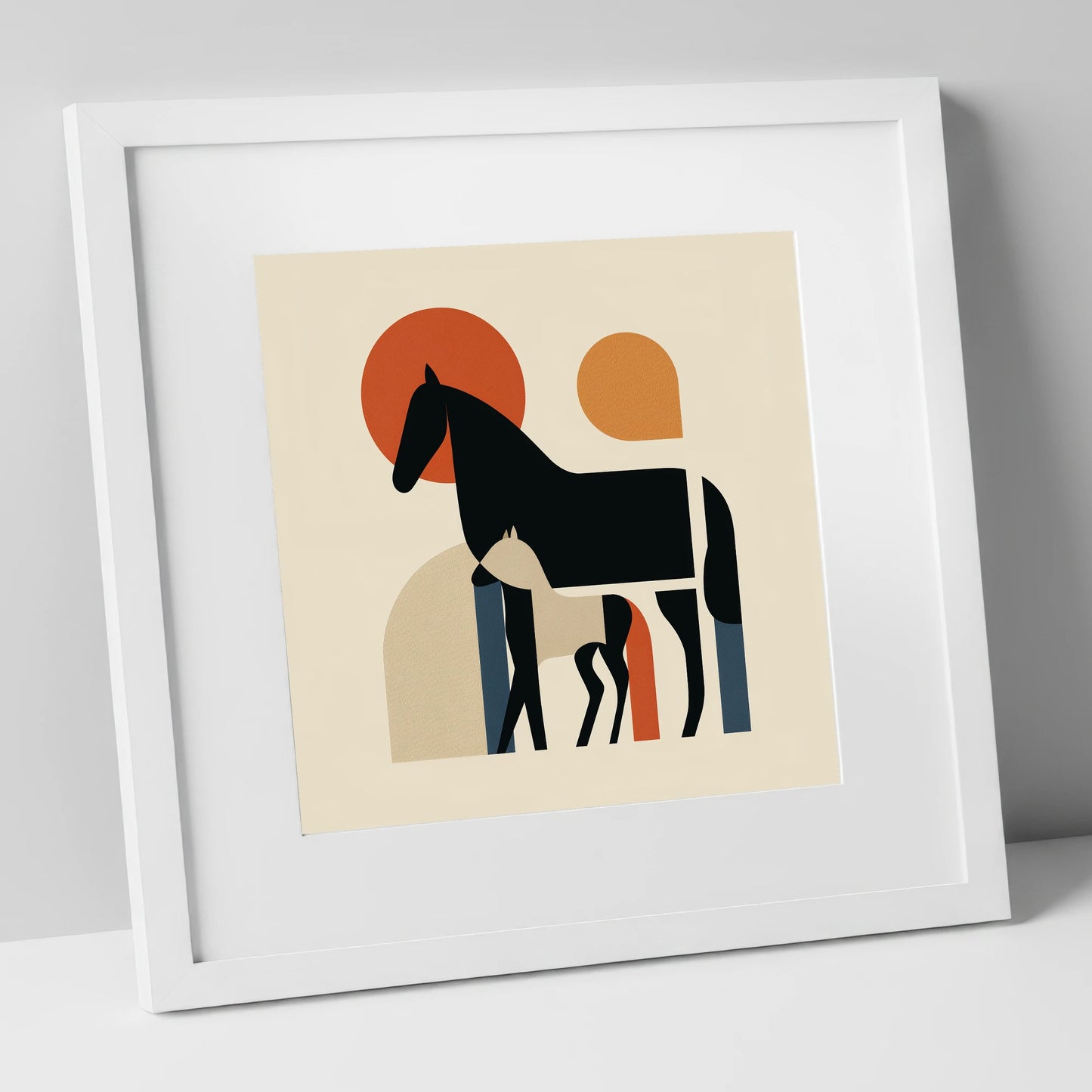 Modernist Matriarch mare & foal art print in white frame