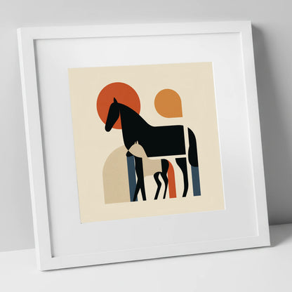 Modernist Matriarch mare & foal art print in white frame