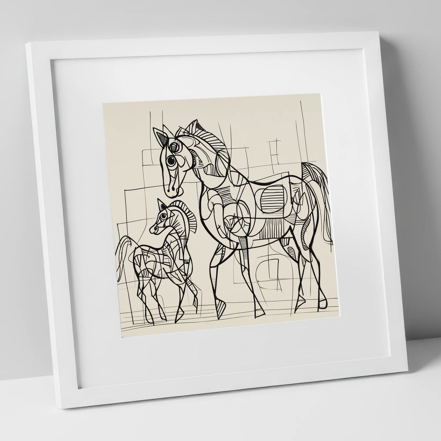Linear Connection mare & foal art print in white frame