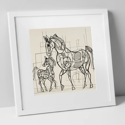 Linear Connection mare & foal art print in white frame