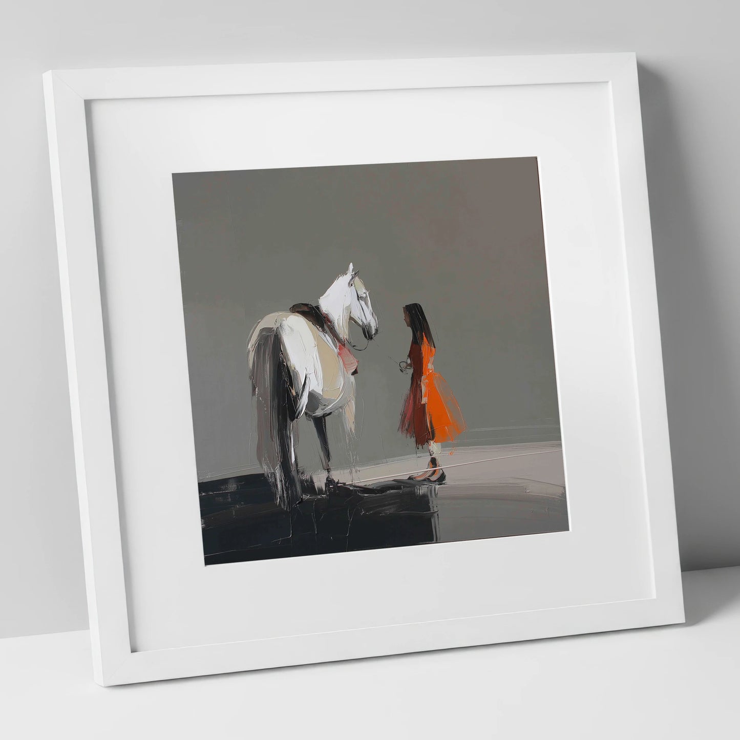 A Silent Dialogue horse & rider art print in white frame
