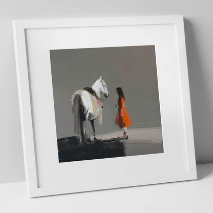 A Silent Dialogue horse & rider art print in white frame