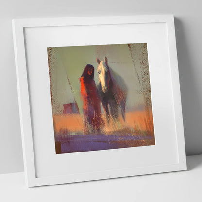 Whispers in the Haze horse & rider art print in white frame