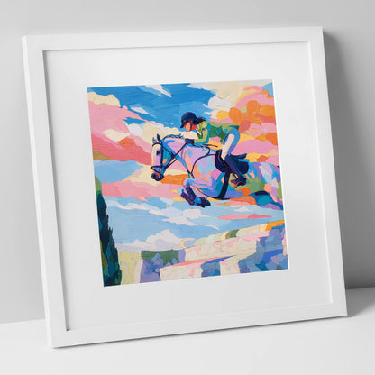 Technicolour Flight show jumping horse art print in white frame