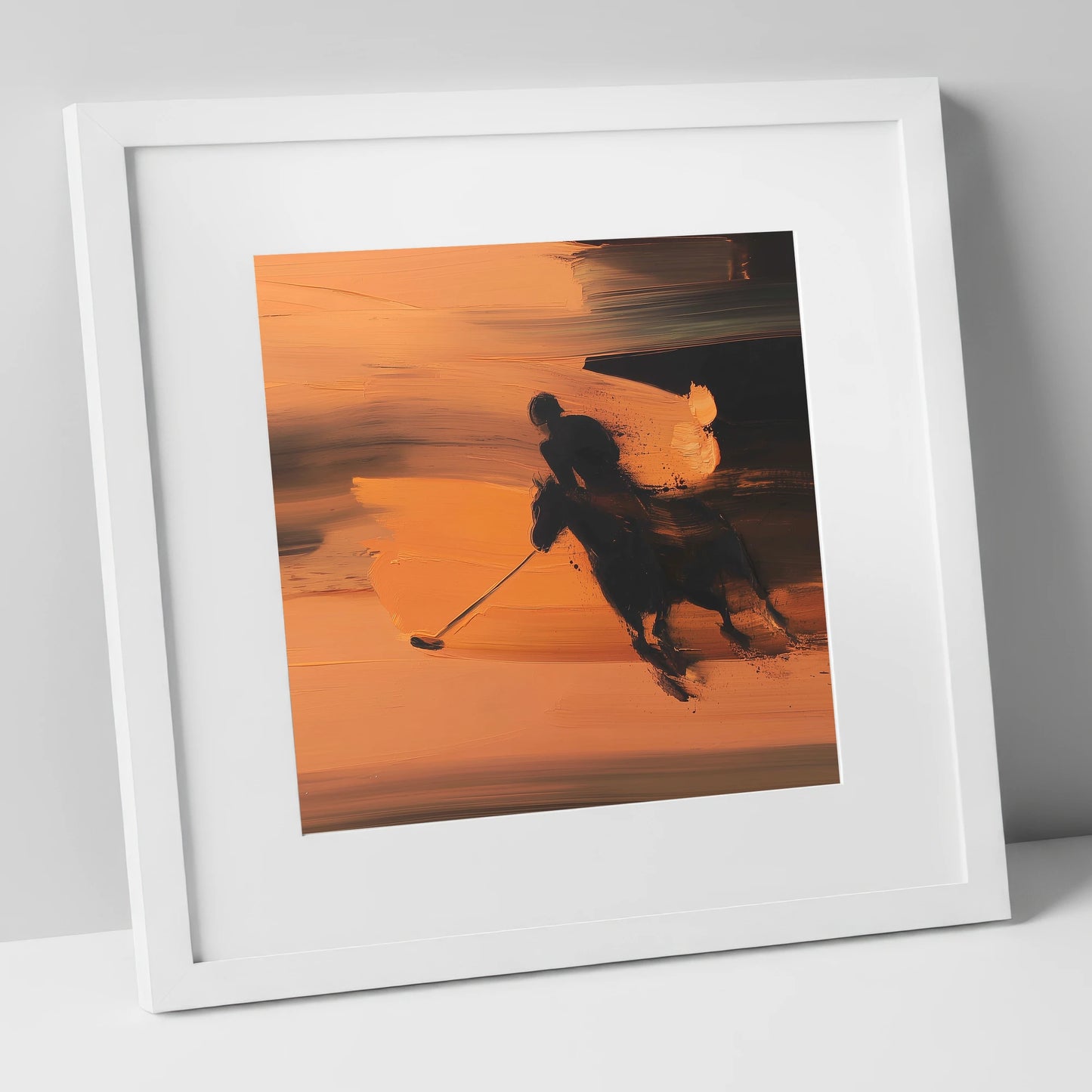 Amber Polo Pursuit polo horse art print in white frame