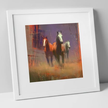 Haze and Embers wild horses art print in white frame