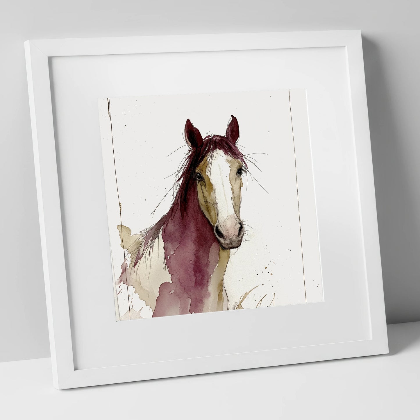 Plum Wash Equine Portrait horse portrait art print in white frame