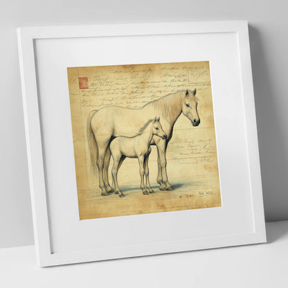 Heritage Equine Study mare & foal art print in white frame
