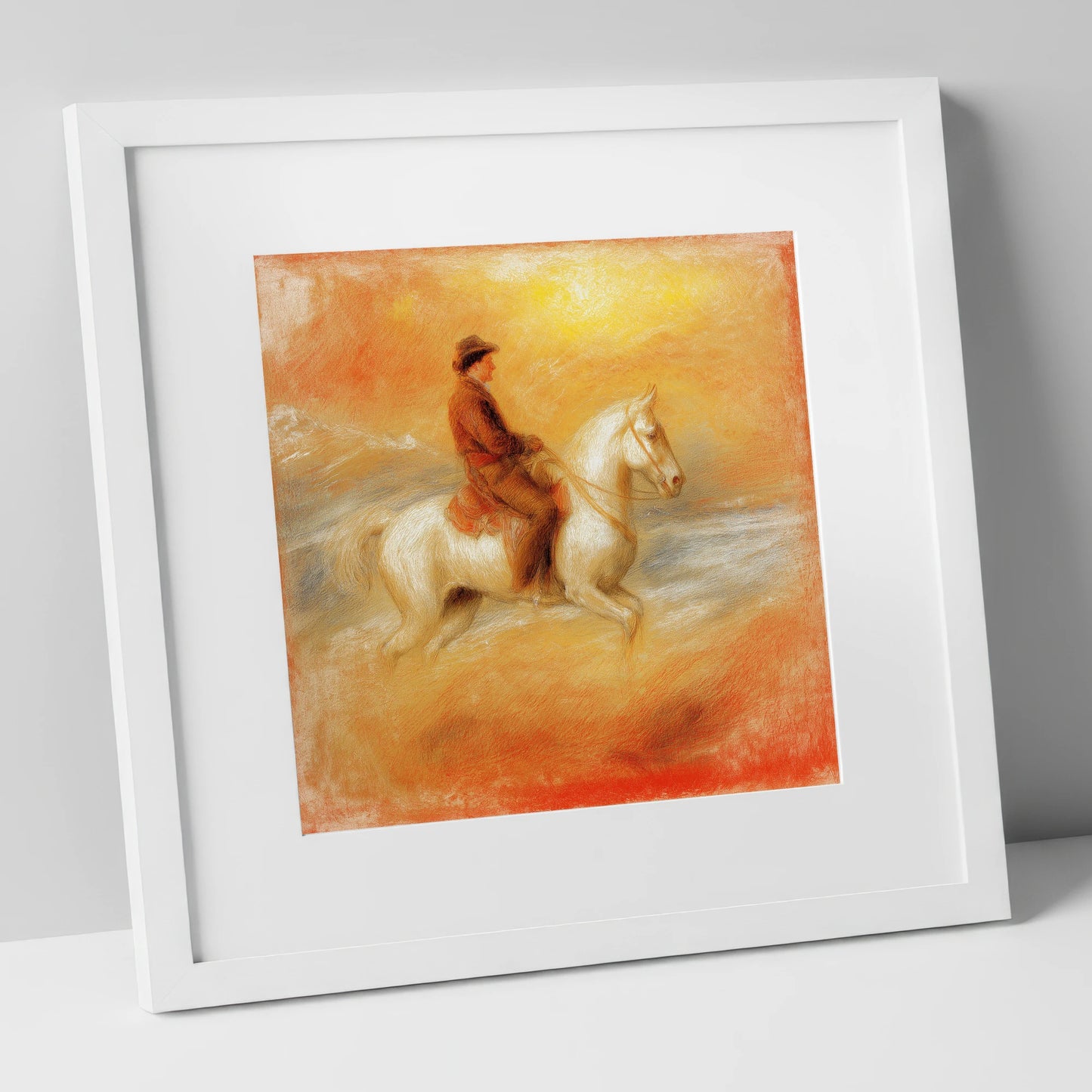 Sundown on the Plains western horse art print in white frame