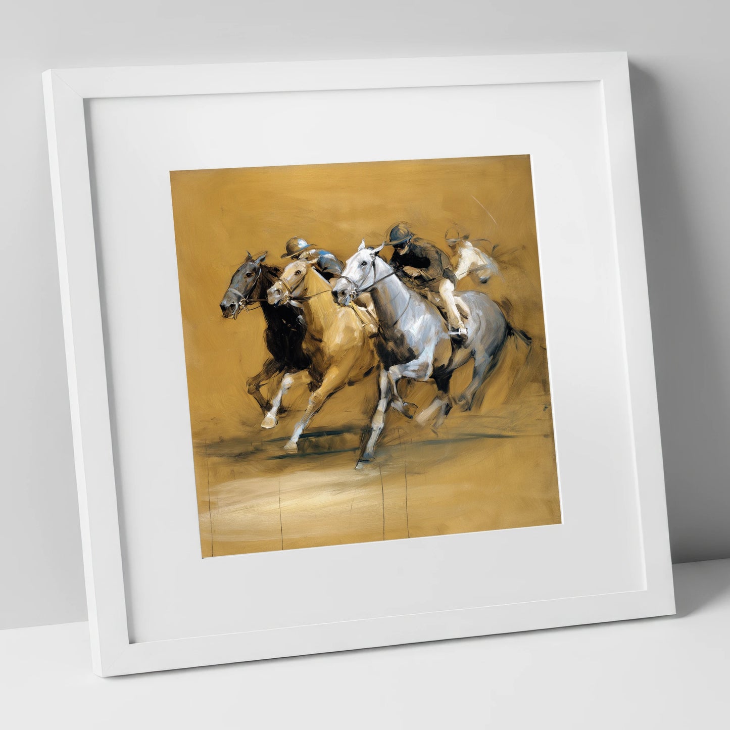 The Final Furlong racing horse art print in white frame