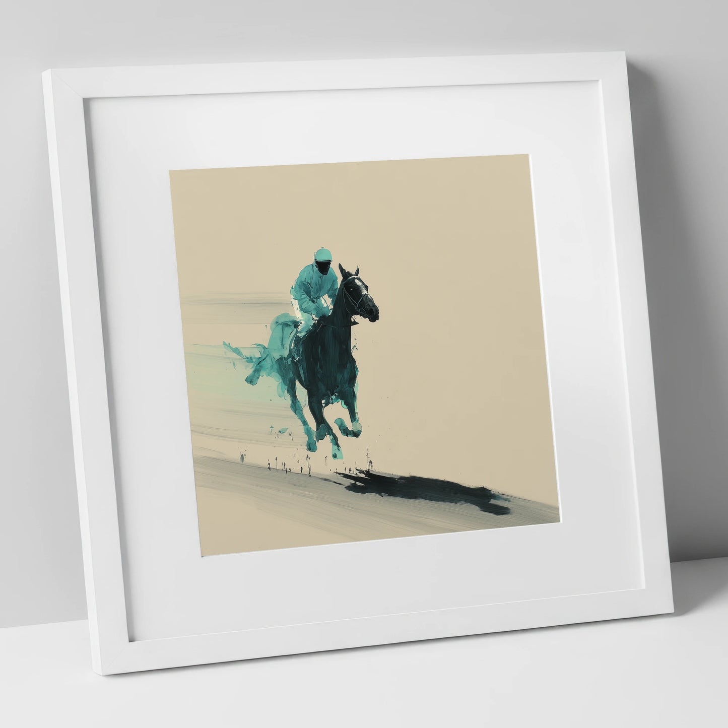 Velocity in Teal racing horse art print in white frame