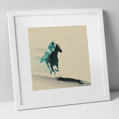 Velocity in Teal racing horse art print in white frame