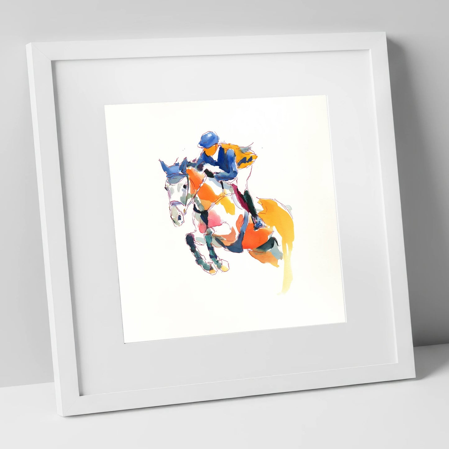 Dynamic Flight show jumping horse art print in white frame