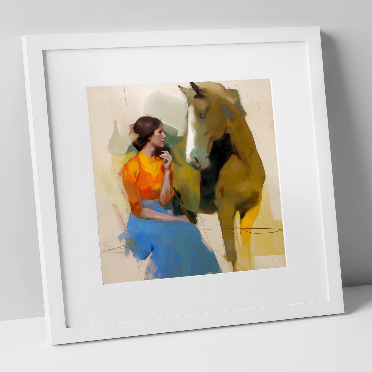 The Quiet Connection horse & rider art print in white frame