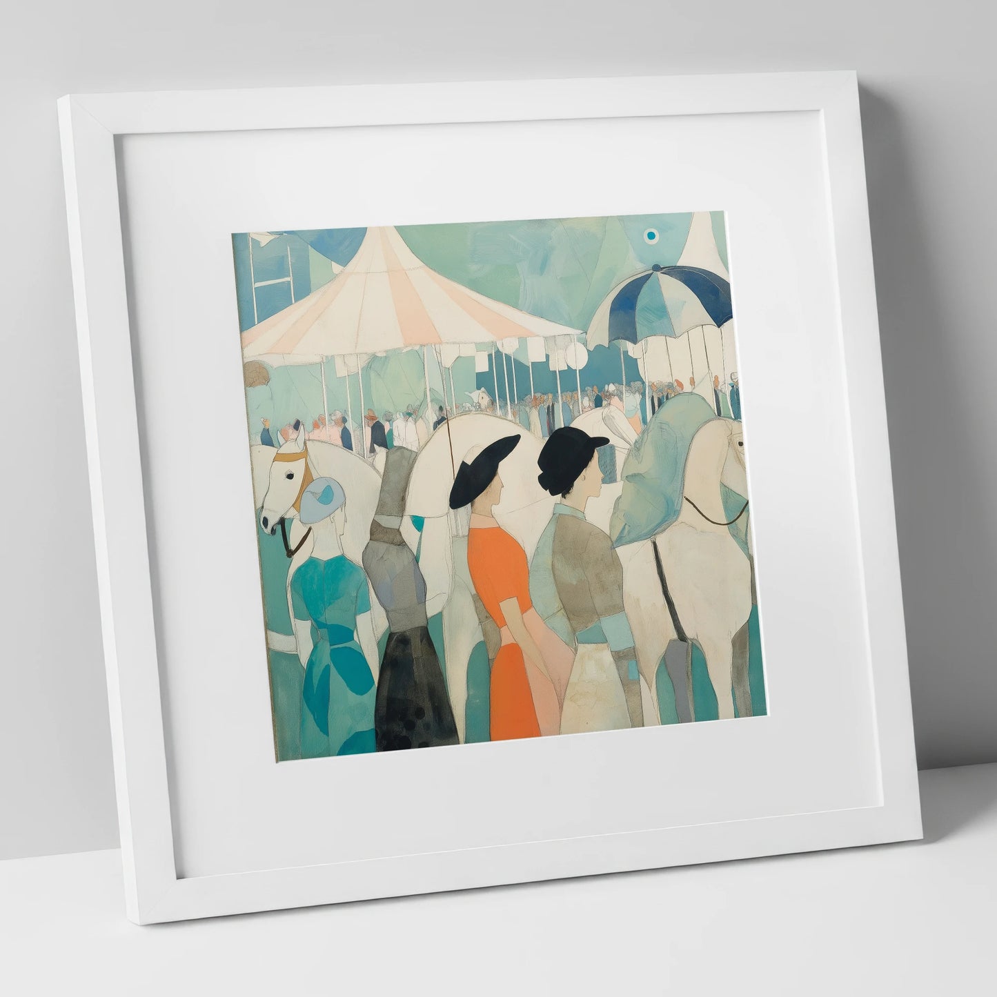 Trackside Elegance racing horse art print in white frame
