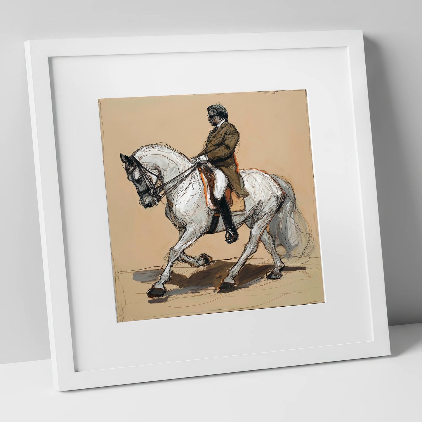 Harmonious Passage dressage horse art print in white frame