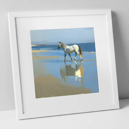 Shoreline Reflection horse landscape art print in white frame