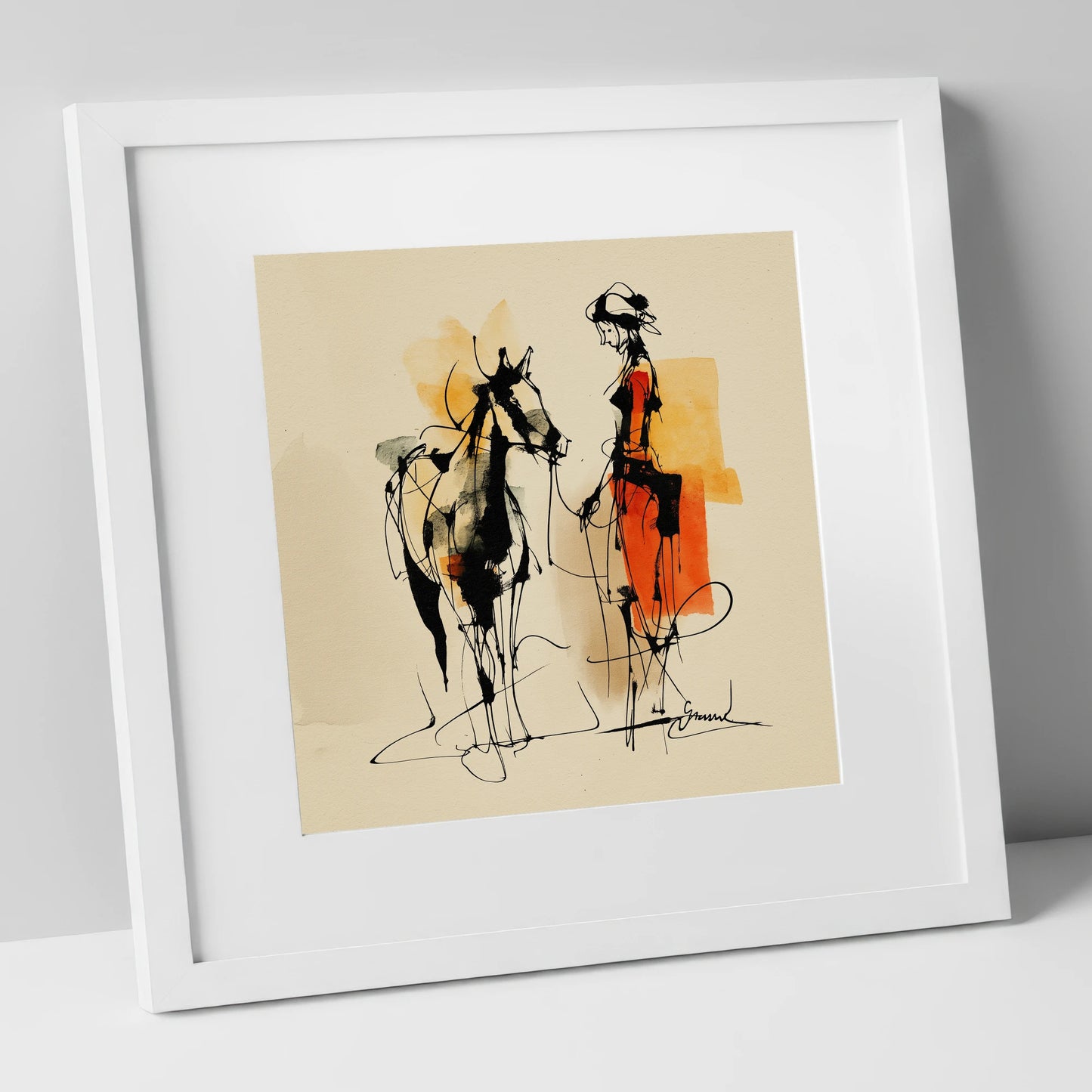 Tethered in Amber horse & rider art print in white frame