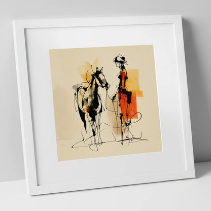 Tethered in Amber horse & rider art print in white frame