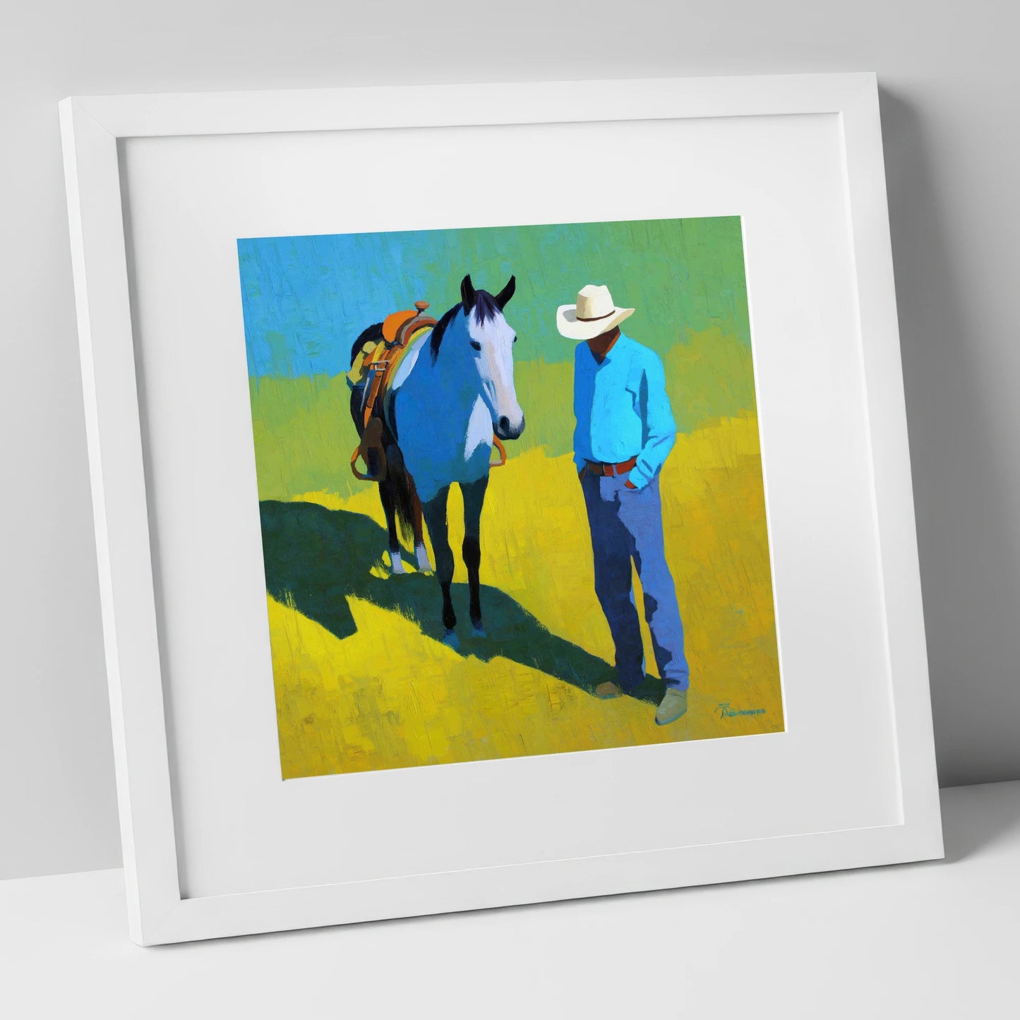 Sunlit Western Shadows western horse art print in white frame