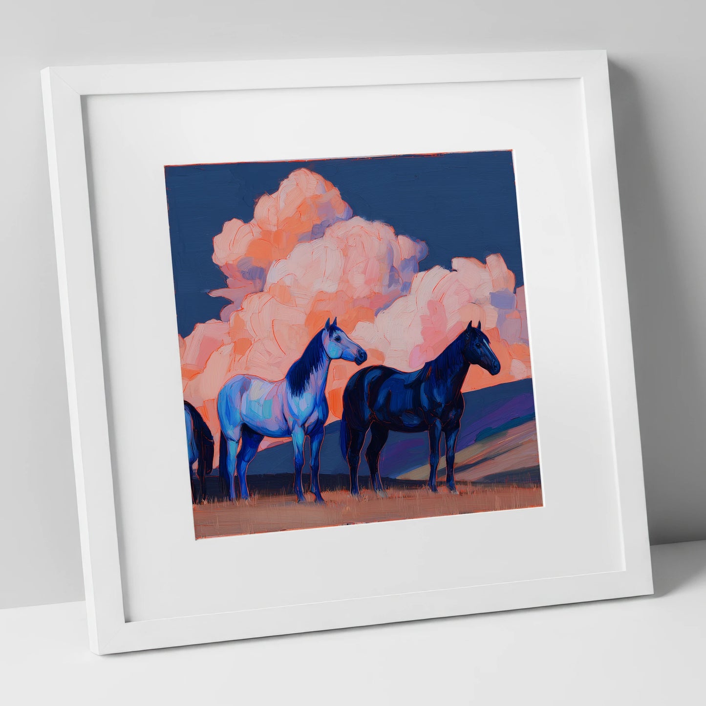 Indigo Horses Beneath Pastel Skies horse landscape art print in white frame