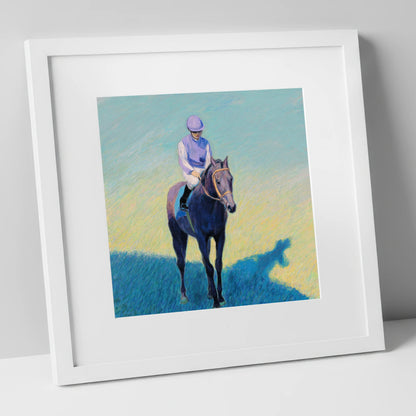 Lavender Silks racing horse art print in white frame