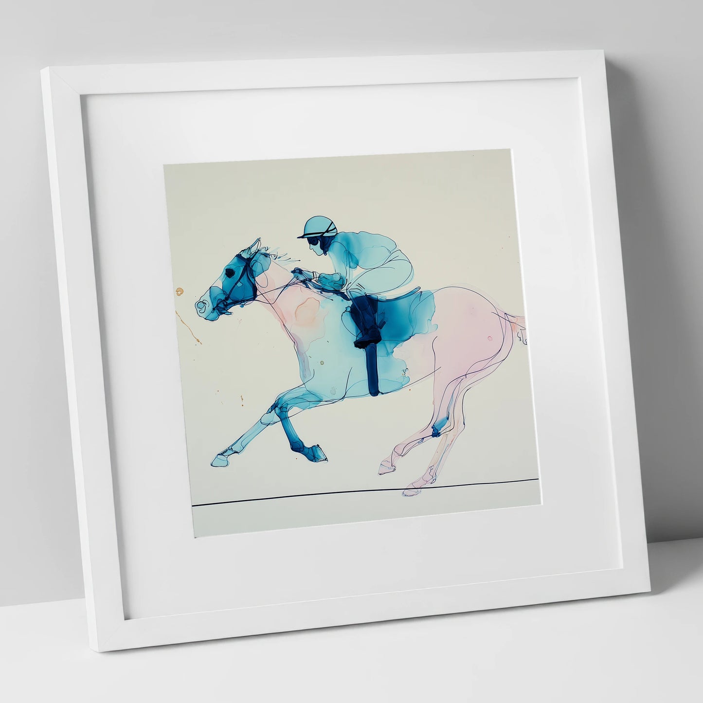 Azure Gallop racing horse art print in white frame