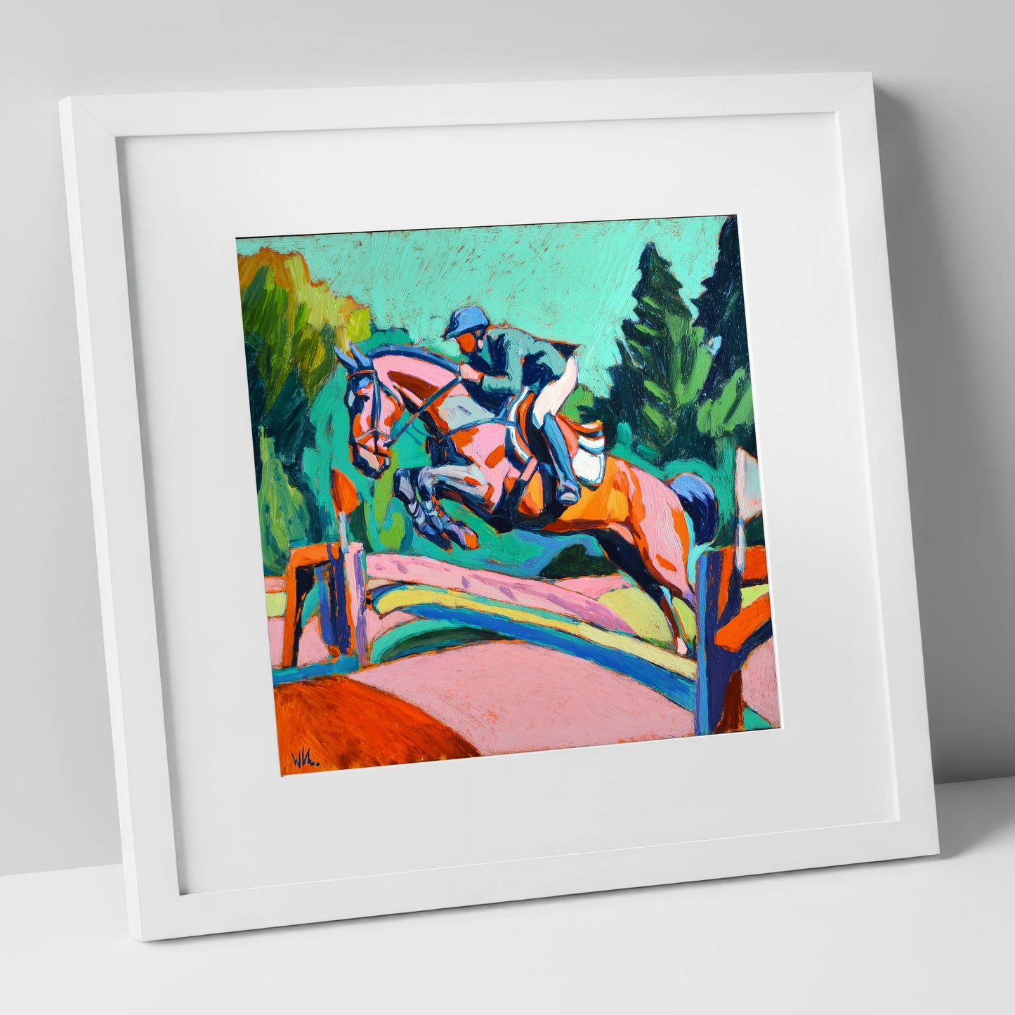 Technicolour Flight show jumping horse art print in white frame