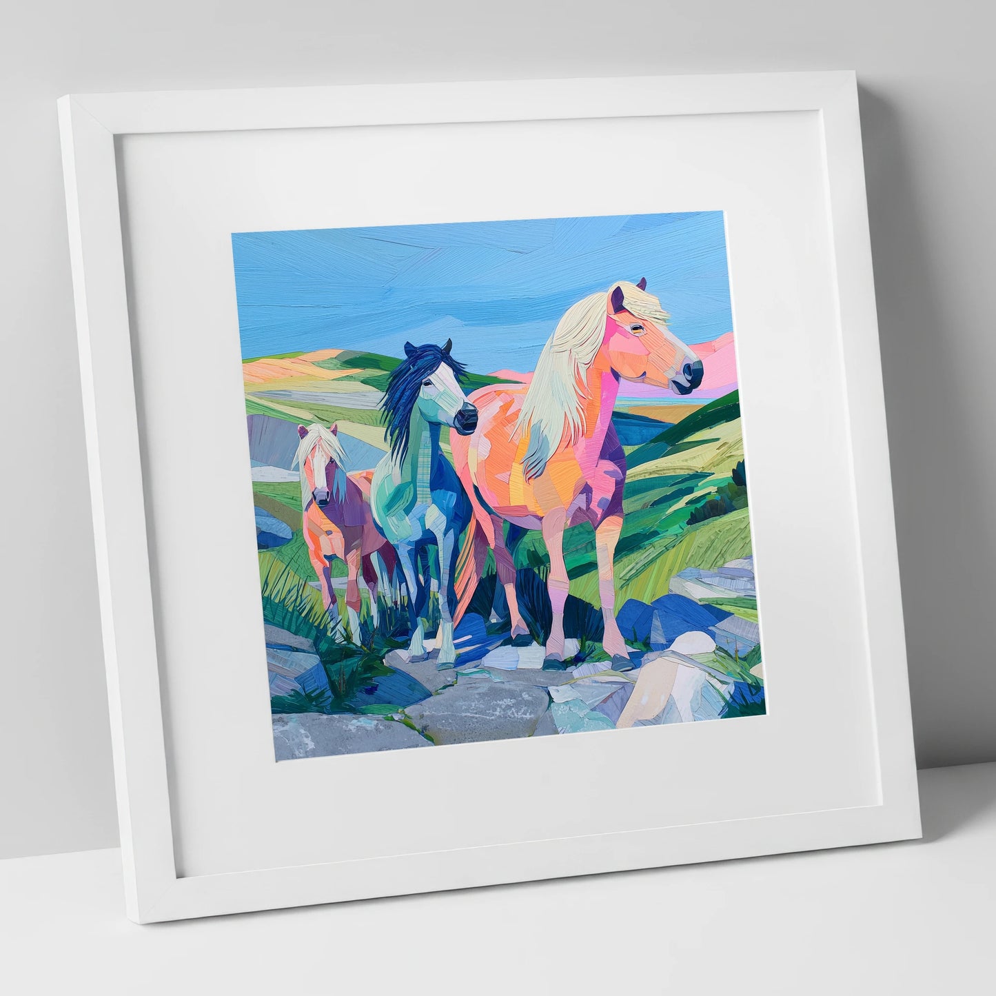 Vivid Moorland Herd horse landscape art print in white frame