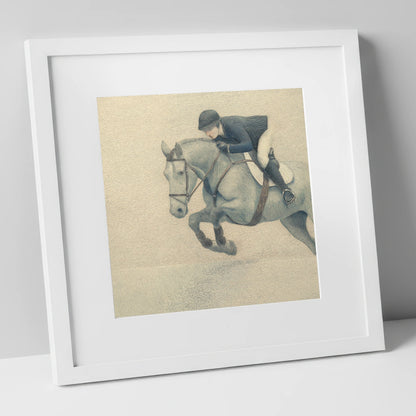 Suspended Flight show jumping horse art print in white frame