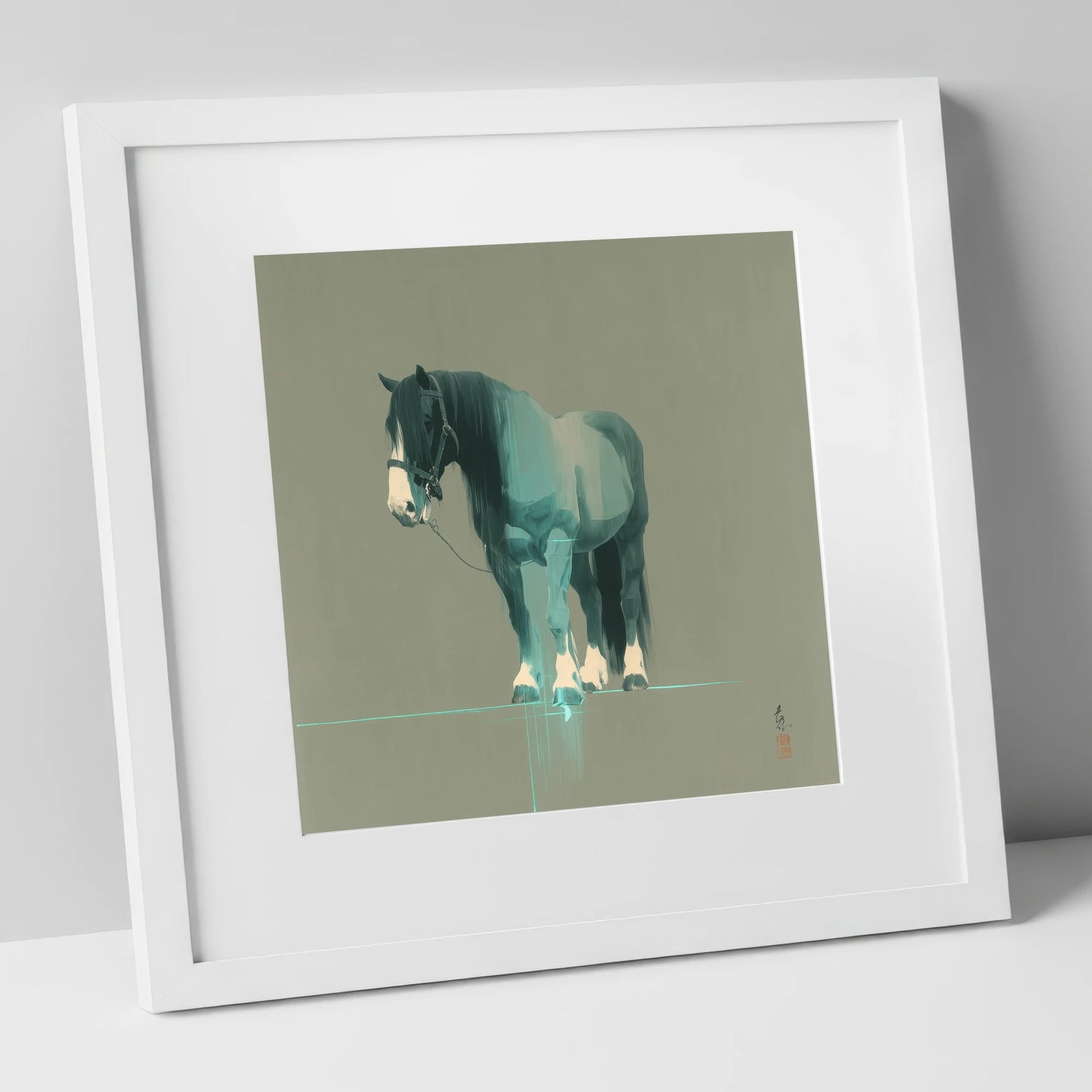 Teal Draught Silhouette horse breed art print in white frame