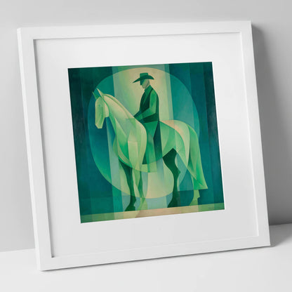 Emerald Western Silhouette western horse art print in white frame