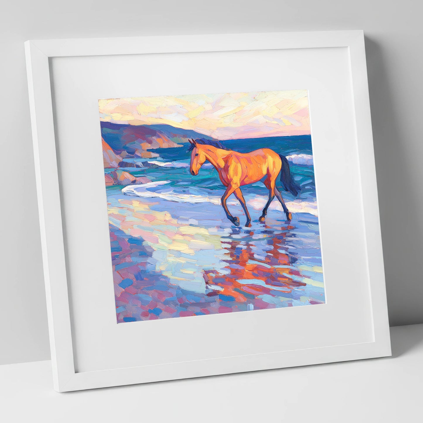 Vibrant Coastal Stride horse landscape art print in white frame