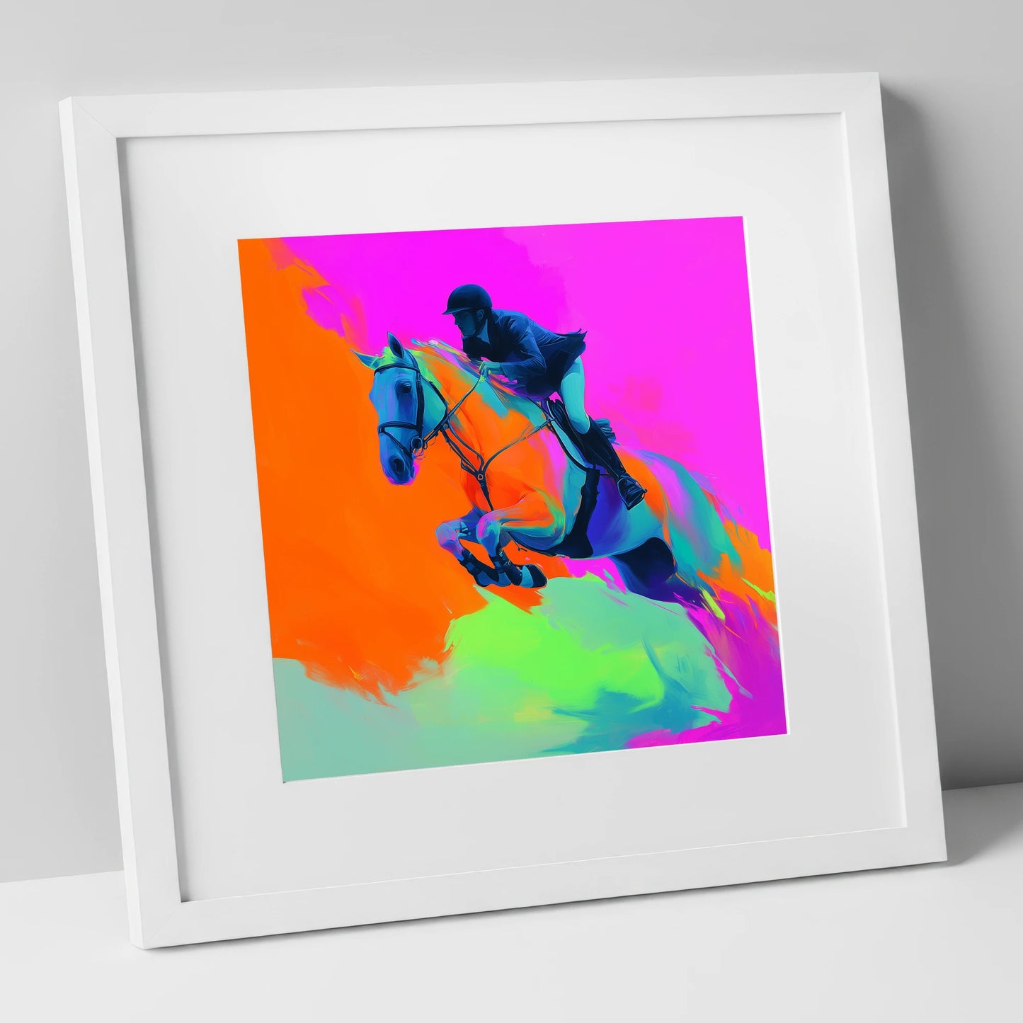 Technicolour Flight show jumping horse art print in white frame