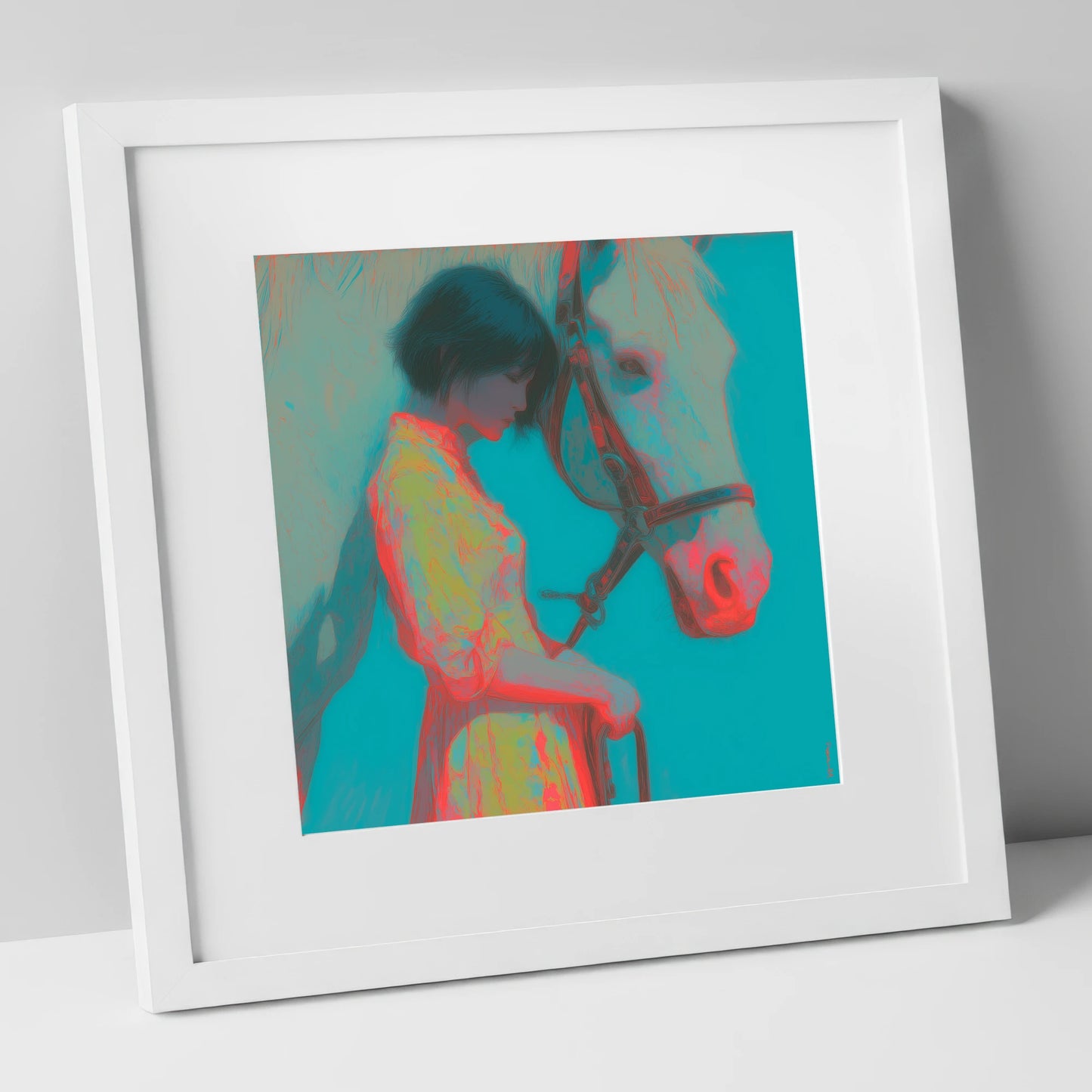 Electric Bond horse & rider art print in white frame