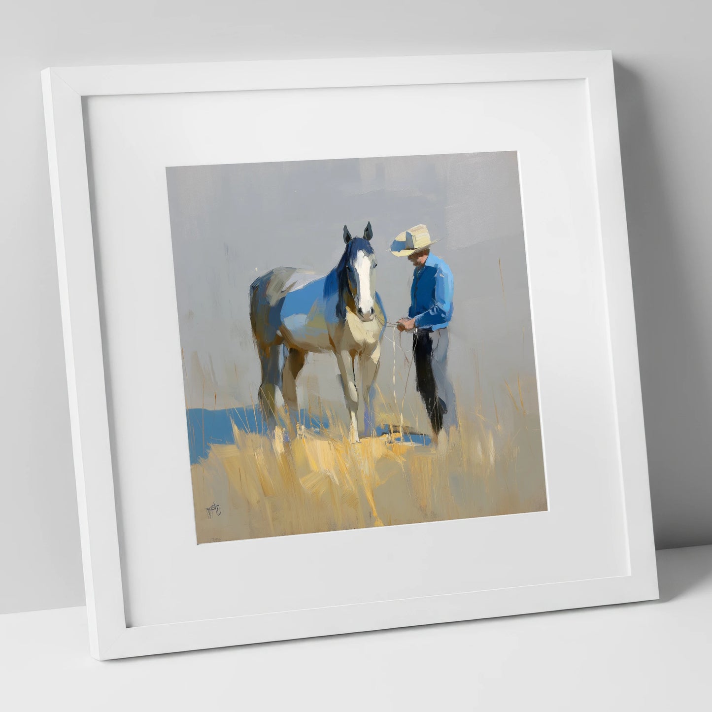 Sunlit Partnership horse & rider art print in white frame