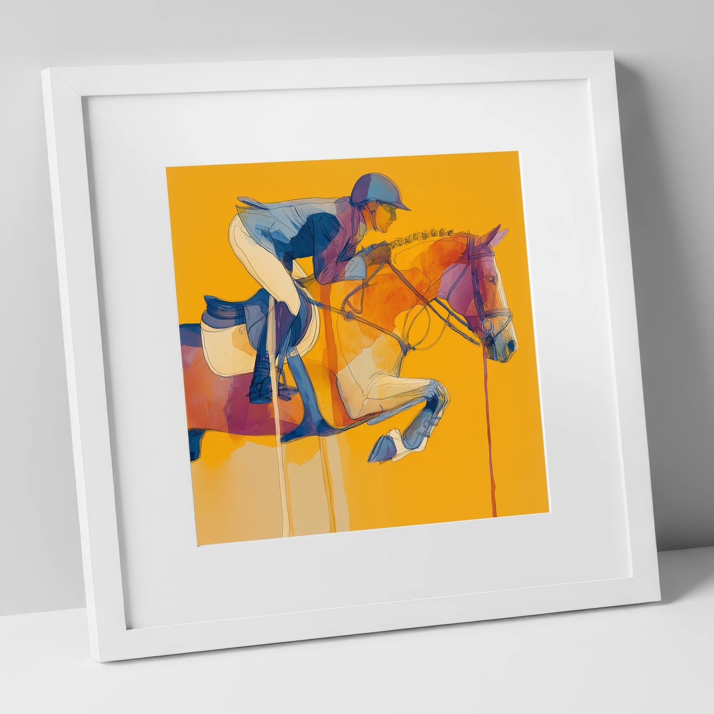 Suspended in Gold show jumping horse art print in white frame