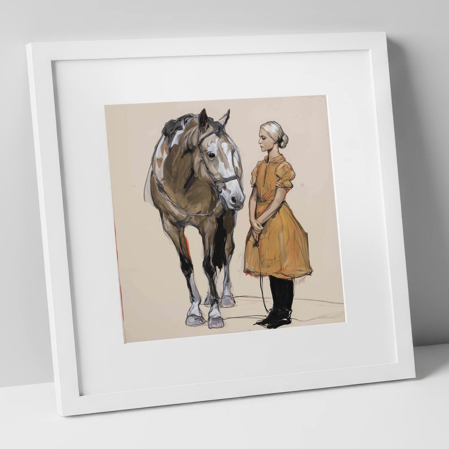 The Quiet Connection horse & rider art print in white frame