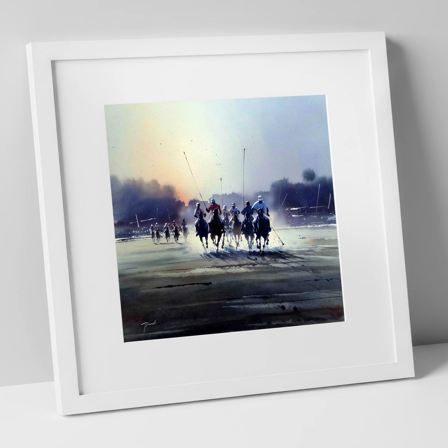 Thundering Polo Charge polo horse art print in white frame