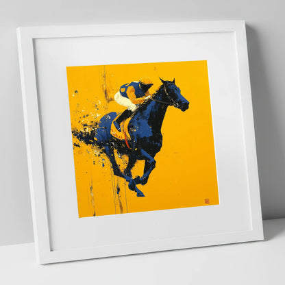 Midnight Pace on Gold racing horse art print in white frame