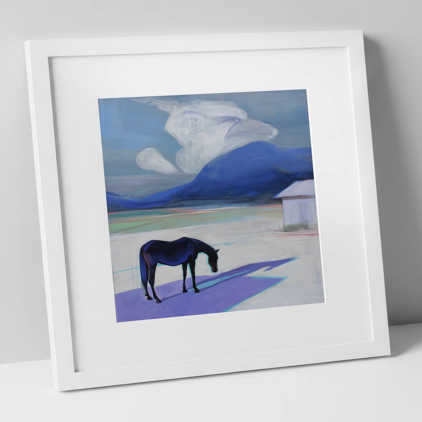 Mountain Solitude horse landscape art print in white frame