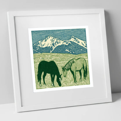Alpine Grazing horse landscape art print in white frame