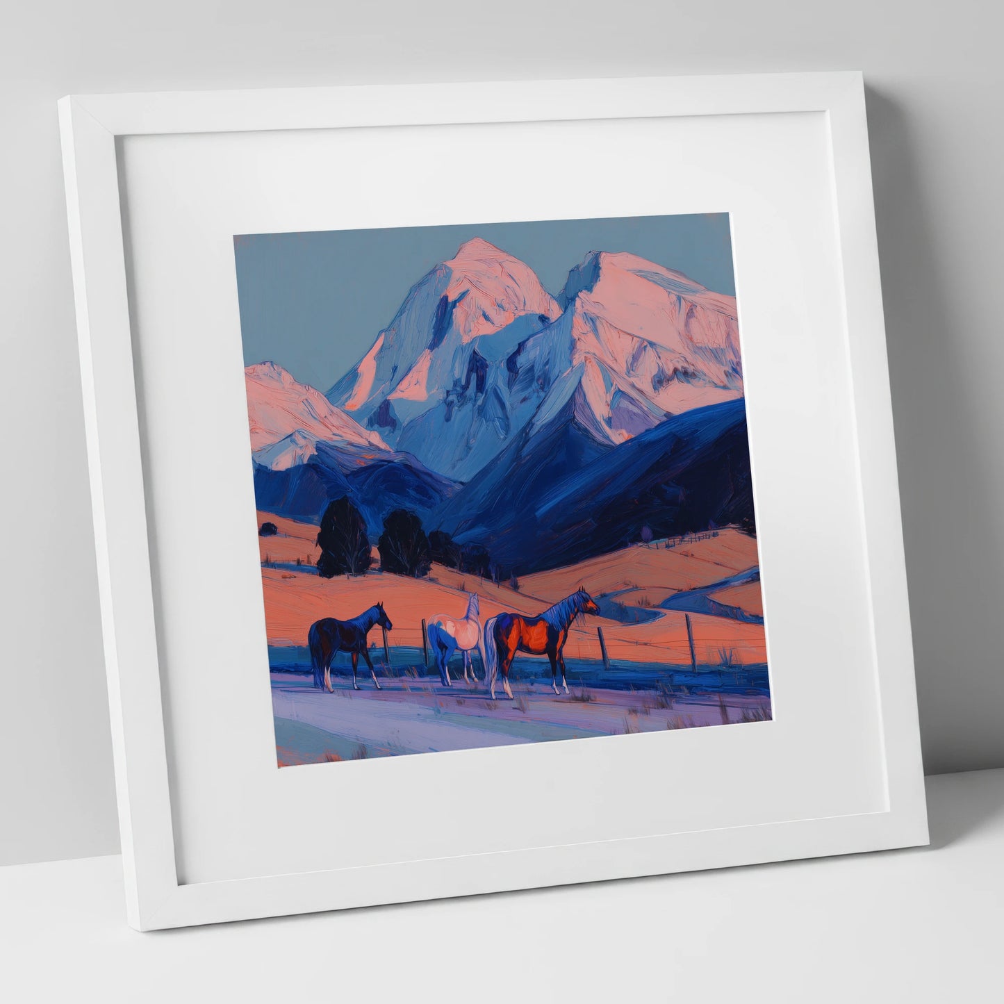 Mountain Alpenglow Pastures horse landscape art print in white frame